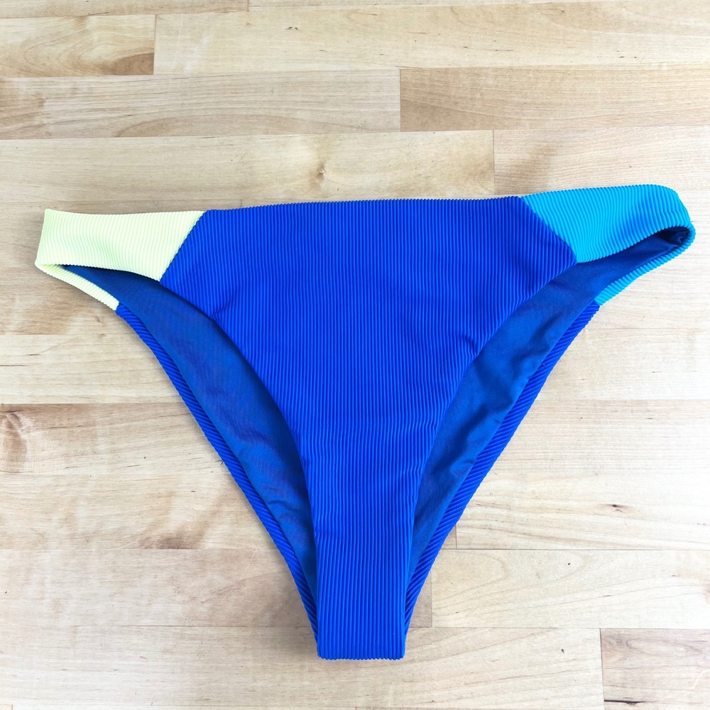 Beach Riot Blue Colorblock Ribbed High Cut Swimsuit Bikini Bottom Medium